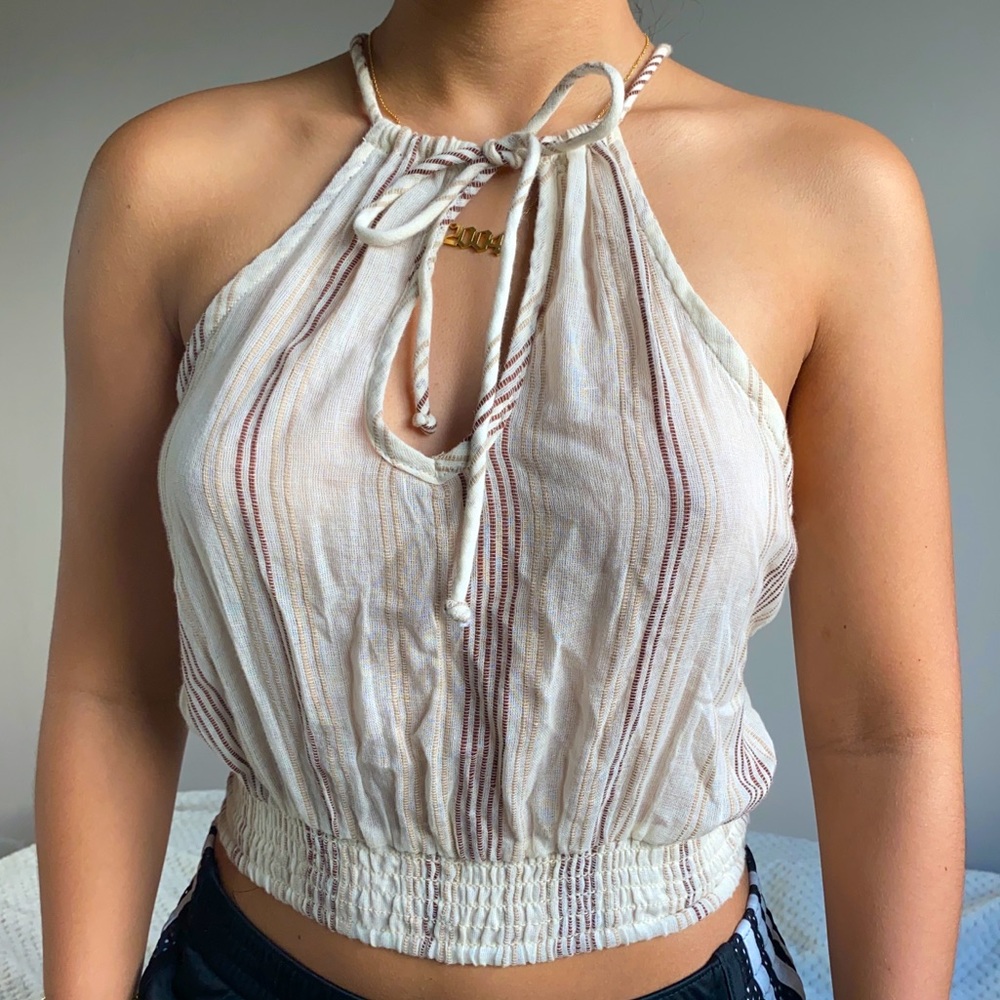 Sky and Sparrow Cream Striped Halter Top